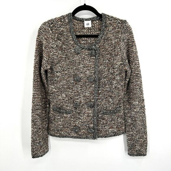 CABI Ritz Gray Brown Tweed Knit Snap Button Up Cardigan Sweater Size Small - Picture 1 of 5